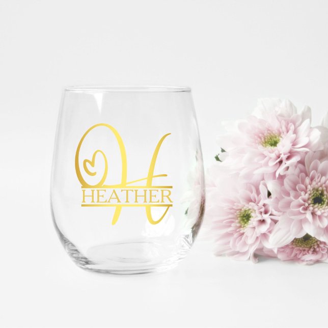 Letter H Monogram Bridesmaid Gift, Modern Elegant Stemless Wine Glass (stemless wine glass for a bridesmaid gift that has a gold split H monogram and customized with name)