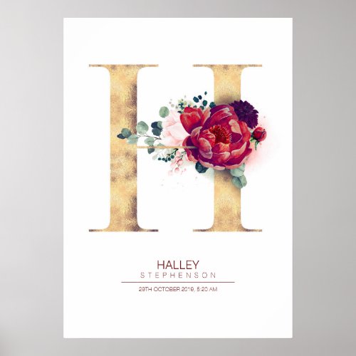 Letter H Monogram Floral Burgundy Red and Gold Poster