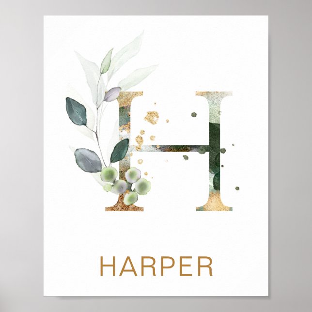 Letter H Monogram Green & gold foliage Nursery Poster (Front)