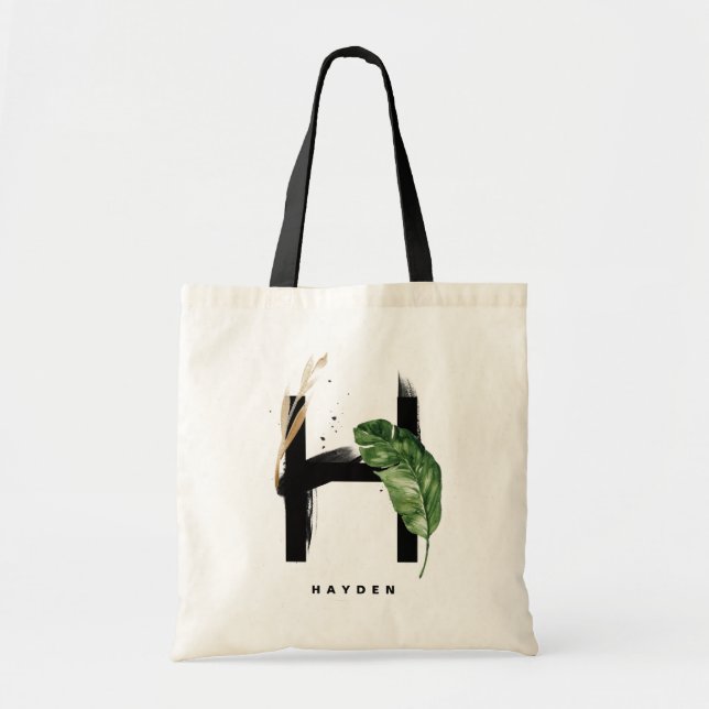 Letter H Monogram | Tropical Leaves Bridesmaid Tote Bag (Front)
