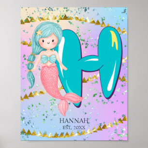 Letter H Monogram Watercolor Cute Mermaid Nursery Poster