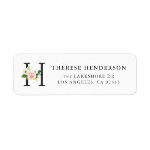 Letter H Monogram Watercolor Florals and Greenery Label
