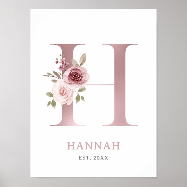Letter H Monogram Watercolor Rose Florals Nursery  Poster (Front)