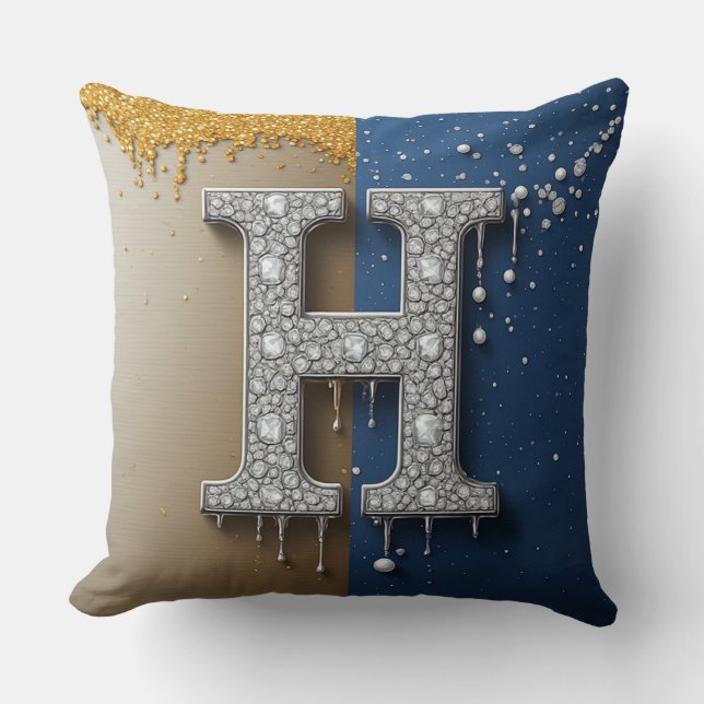 Letter H Navy Gold Dripping Paint Pearl Initial  Throw Pillow (Front)