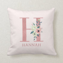 Letter H Pink Watercolor Floral Monogram Nursery Throw Pillow