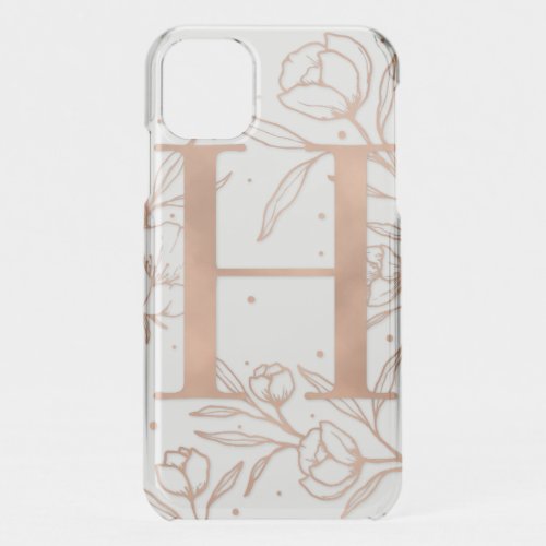 Letter H Rose Gold Monogram Botanical Illustration iPhone 11 Case