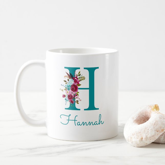 Letter H Teal Pink Floral Coffee Mug (With Donut)