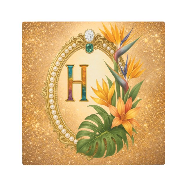 Letter H Tropical Monogram Gold Metal Wall Art (Front)