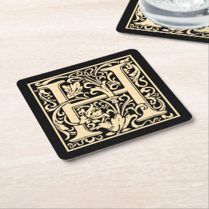 Letter H Vintage First Letter Sepia Beige on Black Square Paper Coaster