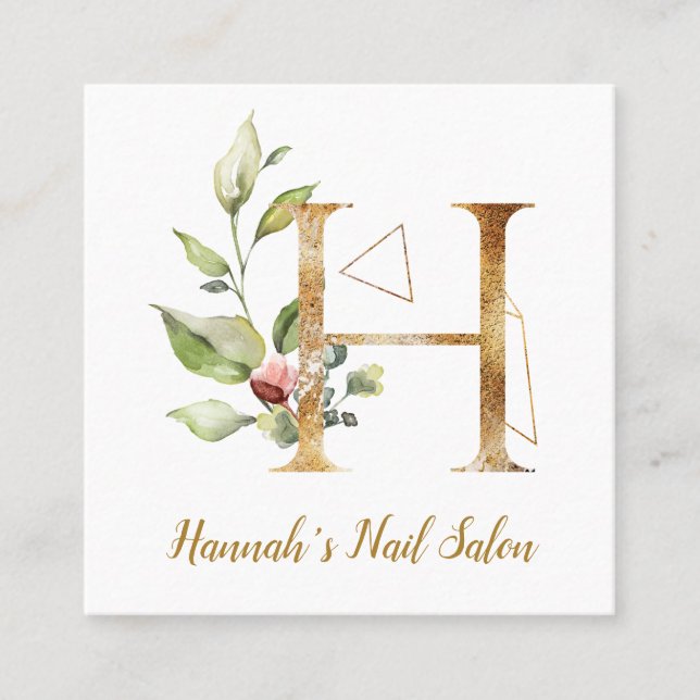 Letter H with Gold Geometric Design and Flowers Square Business Card (Front)