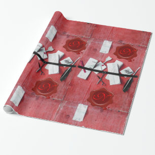 LETTER HOLDER IN WOOD ,RED WAX SEAL MONOGRAM WRAPPING PAPER
