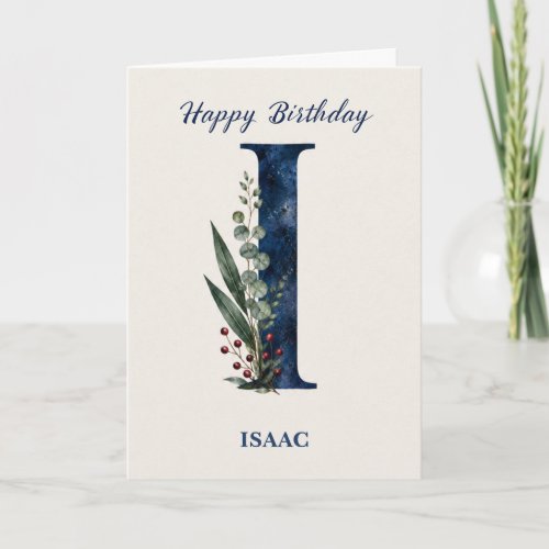 Letter I Birthday for Him Personalized Name Blue Card