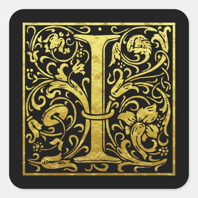 Letter I First Letter Faux Gold Black Square Sticker (Front)