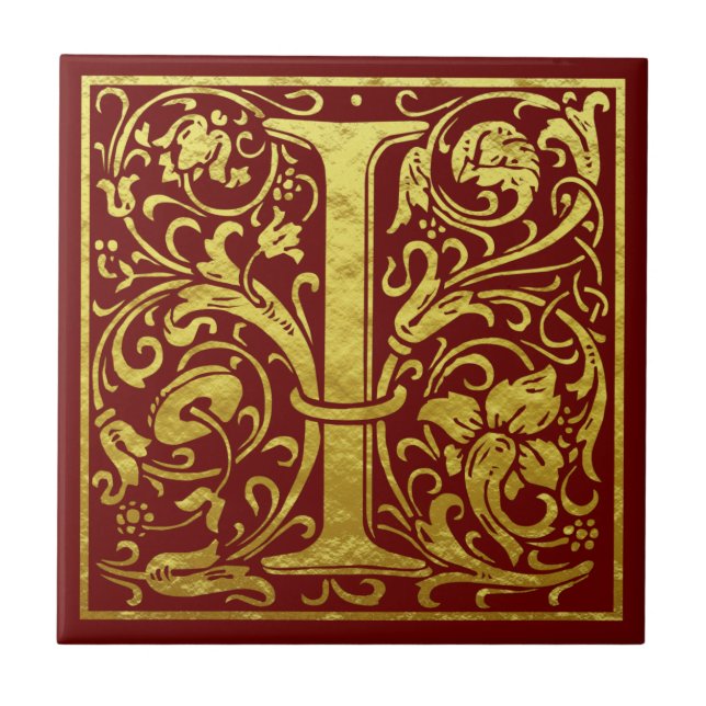 Letter I First Letter Faux Gold Red Ceramic Tile (Front)