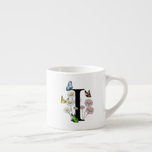 Letter I Floral Butterfly Monogram Initial Espresso Cup