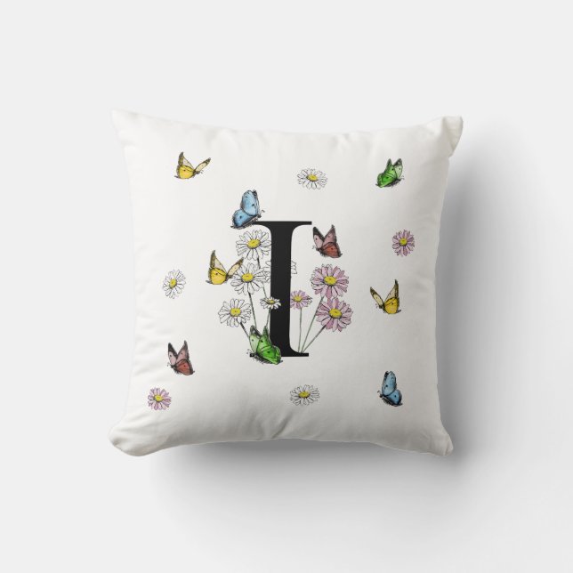 Letter I Floral Butterfly Monogram Initial Throw Pillow (Front)