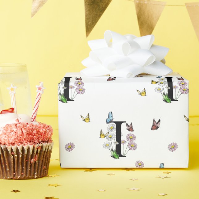 Letter I Floral Watercolor Butterfly Monogram   Wrapping Paper (Birthday Party)