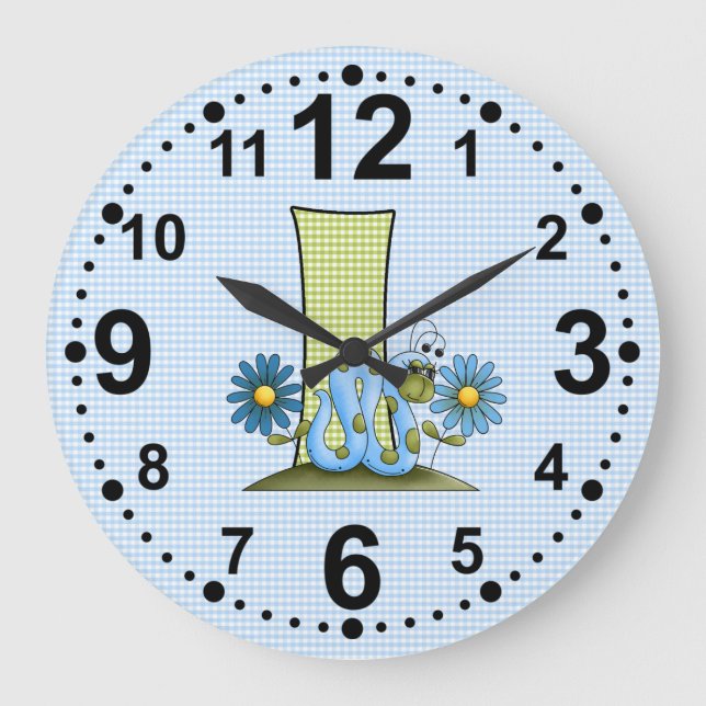 Letter I for Inchworm Blue Kids and Nursery Room L Large Clock (Front)