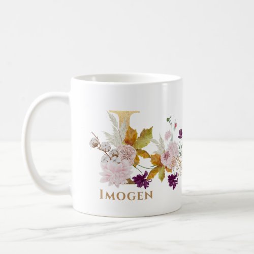 Letter I _ Gold Floral Name sister coworker friend Coffee Mug