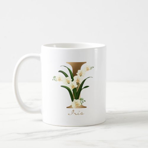 Letter I Gold Monogram  White Floral Orchids Coffee Mug