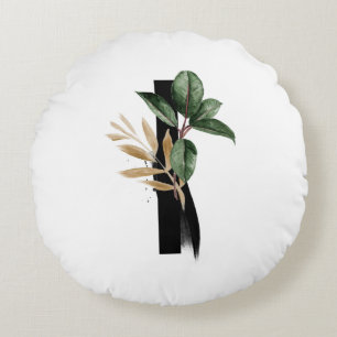 Letter I Monogram Tropical Greenery Gold Foil Round Pillow