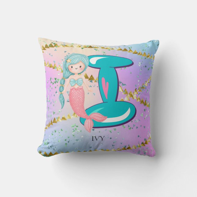 Letter I Monogram Watercolor Cute Mermaid Nursery Throw Pillow (Front)