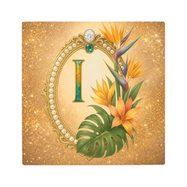 Letter I Tropical Monogram Gold Metal Wall Art (Front)