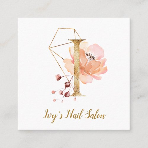 Letter I with Gold Geometric Design and Flowers Square Business Card