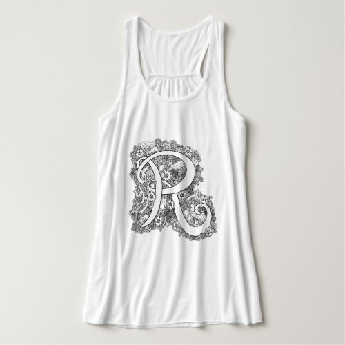 Letter initial R doodle tangle art drawing Tank Top