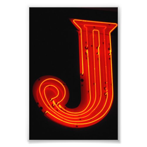 Letter J Alphabet Photography in Red Neon Photo Print