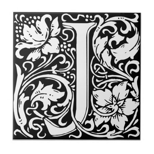 Letter J art nouveau black and white Tile