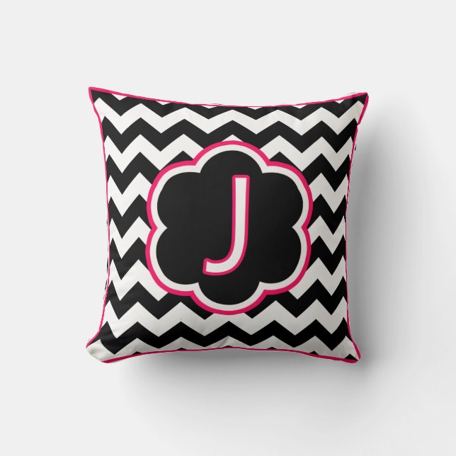 Letter J Black and White Chevron Monogram Throw Pillow (Front)