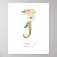 Letter J Blush Floral Monogram Gold Foil Nursery