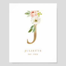 Letter J Blush Floral Monogram Gold Foil Nursery  Poster