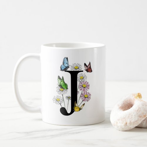  Letter J Botanical Watercolor Butterfly Monogram  Coffee Mug