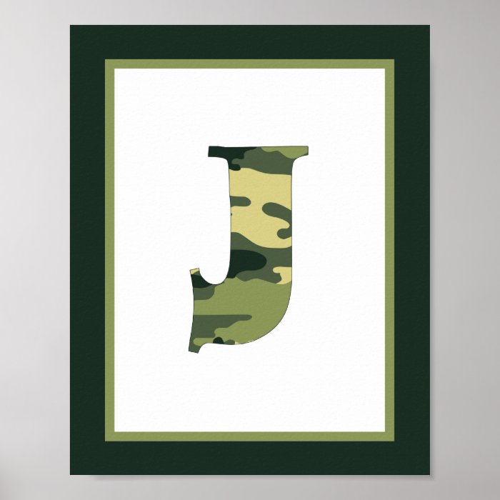 Letter J Camo Green Monogram Initial Wall Art Poster