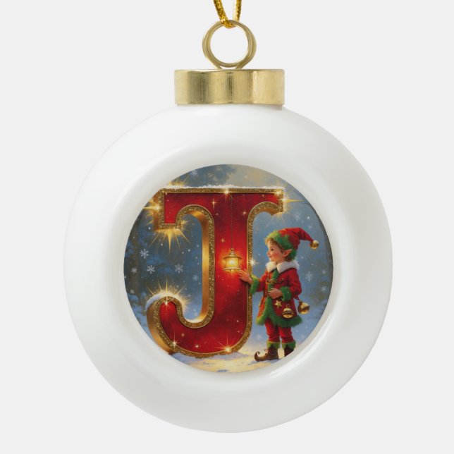 Letter J Christmas Jingle Personalized Initial Ceramic Ball Christmas Ornament (Front)