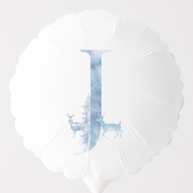 Letter J Dusty Blue Winter Forest Monogram Initial Balloon (Front)