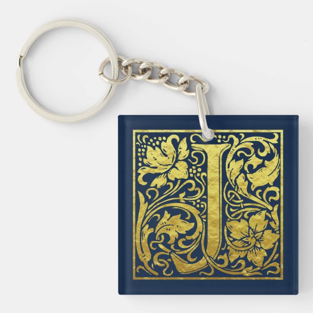 Letter J First Letter Faux Gold and Midnight Blue Keychain (Front)