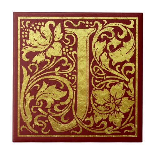 Letter J First Letter Faux Gold Red Ceramic Tile
