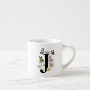 Letter J Floral Butterfly Monogram Initial Espresso Cup