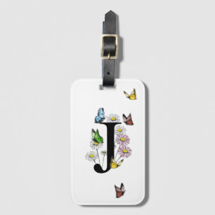 Letter J Floral Butterfly Monogram Initial Luggage Tag