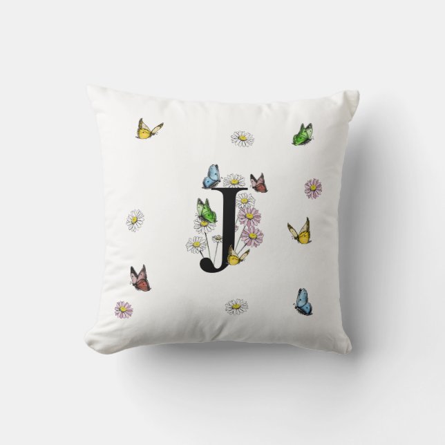 Letter J Floral Butterfly Monogram Initial   Throw Pillow (Front)