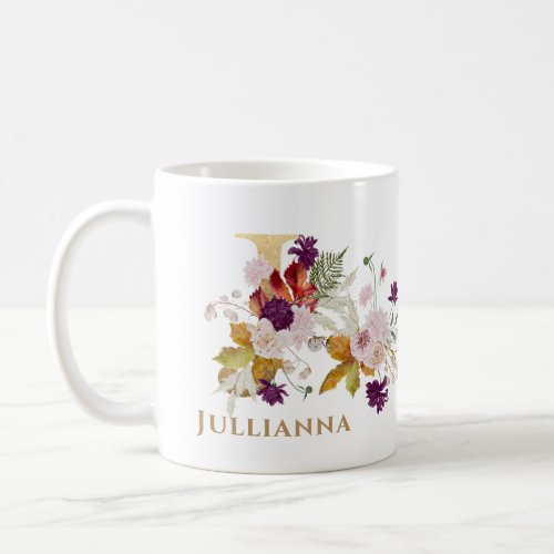 Letter J _ Gold Floral Name sister coworker friend Coffee Mug