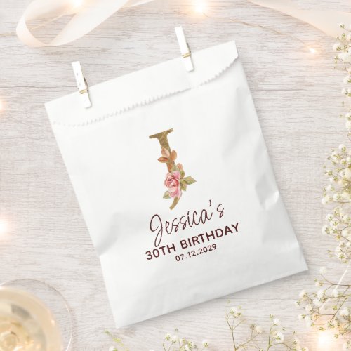 Letter J Gold Monogram Blush Pink Roses Favor Bag