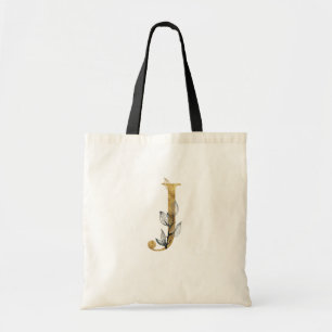 *~* Letter J Gold Monogram Initial Black Leaves Tote Bag