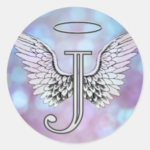 Letter J Initial Monogram Angel Wings & Halo Classic Round Sticker