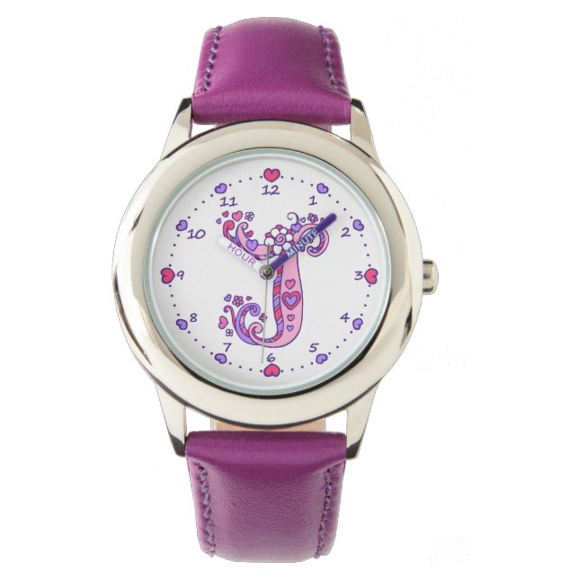 Letter J initial monogram doodle heart girls watch (Front)