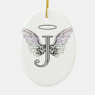 Letter J Initial Monogram with Angel Wings & Halo Ceramic Ornament