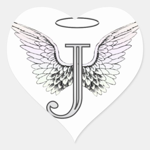 Letter J Initial Monogram with Angel Wings  Halo Heart Sticker